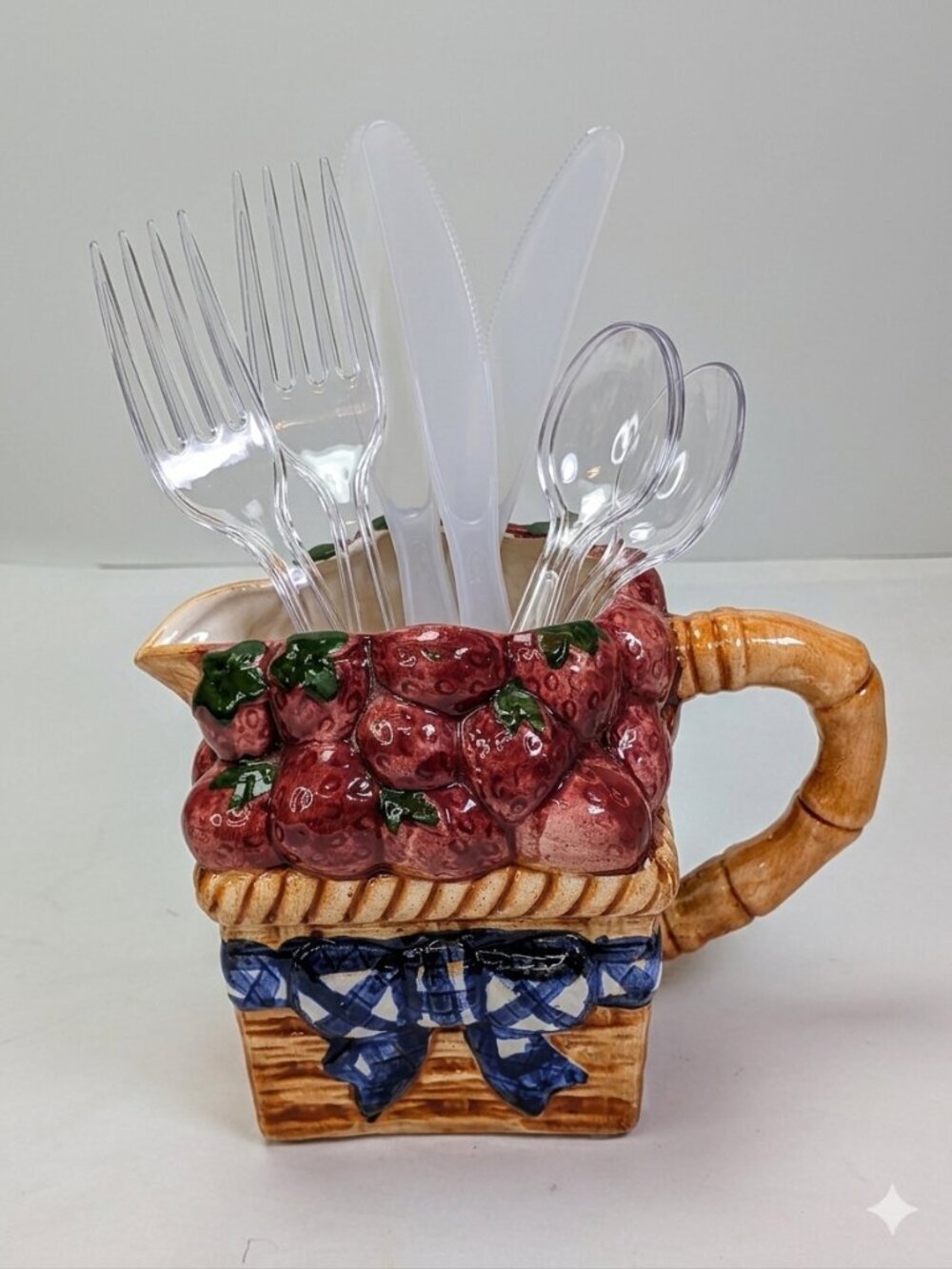Vintage Ceramic Strawberry Basket Pitcher Red White Blue Gingham Bow Centerpiece
